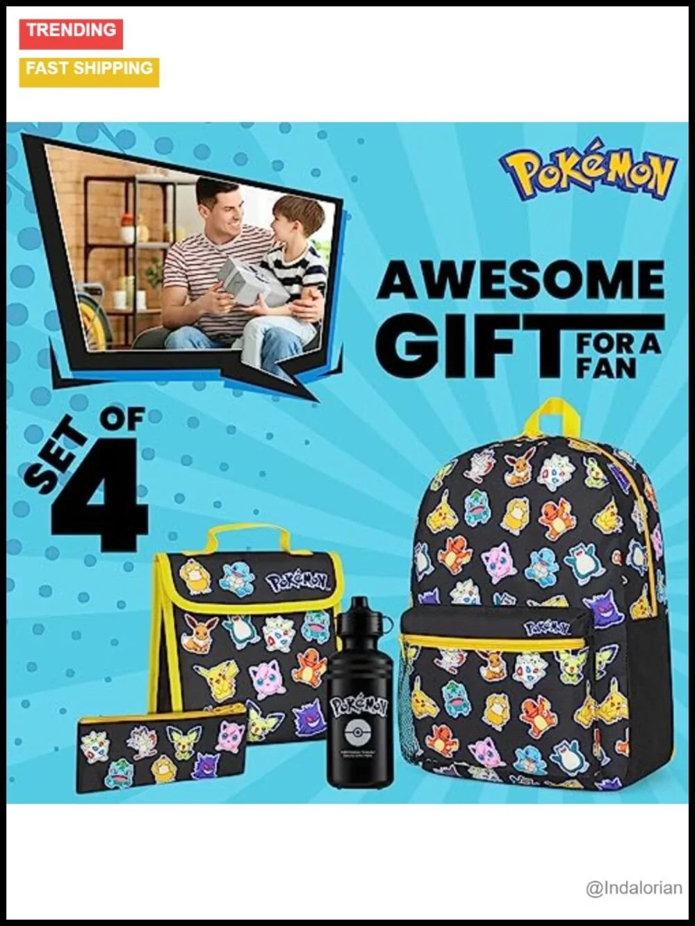 Pokemon Backpack Set 4 Pcs Kids Backpack Water Bottle Pencil Case Lunch Bag or